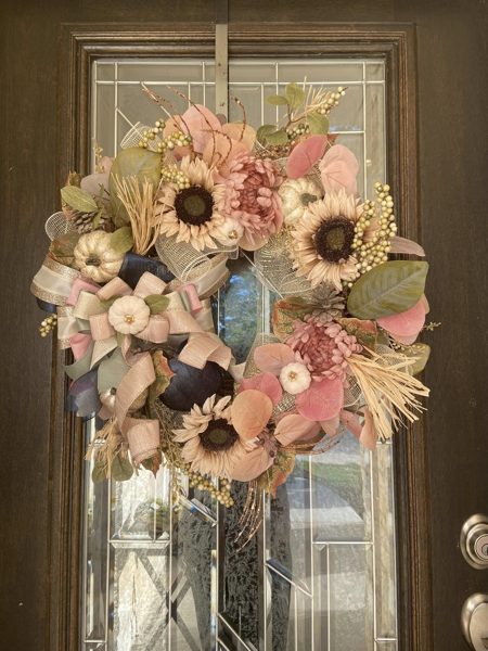 Blush pink sunflower and pumpkin floral wreath