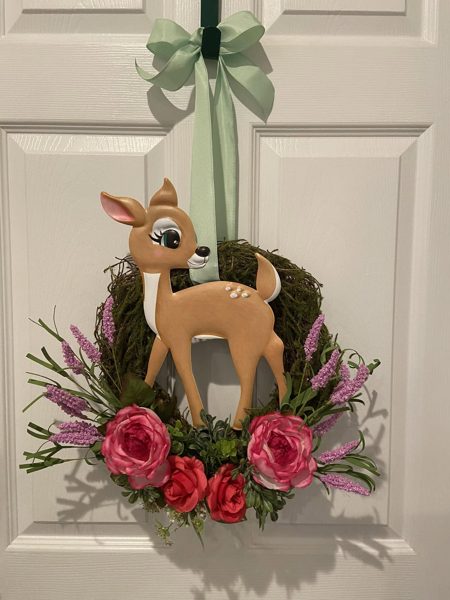 Grapevine wreath with deer and pink roses
