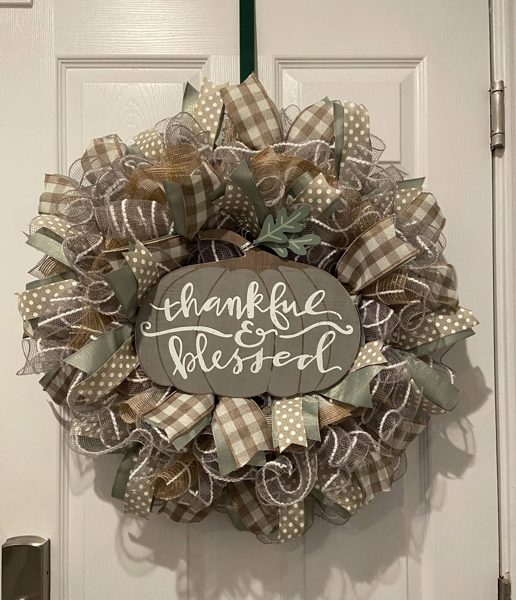 Thankful and Blessed burlap plaid wreath